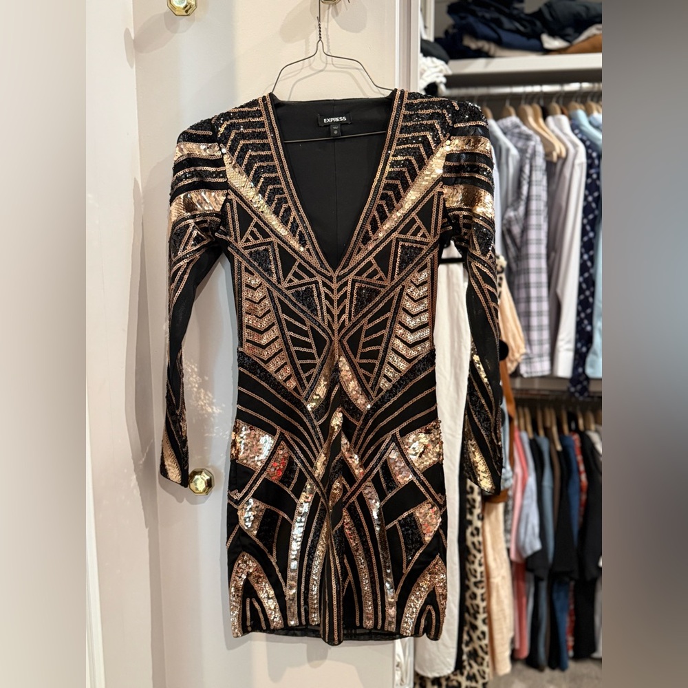 Express Black and Gold Geometric Mini Dress
